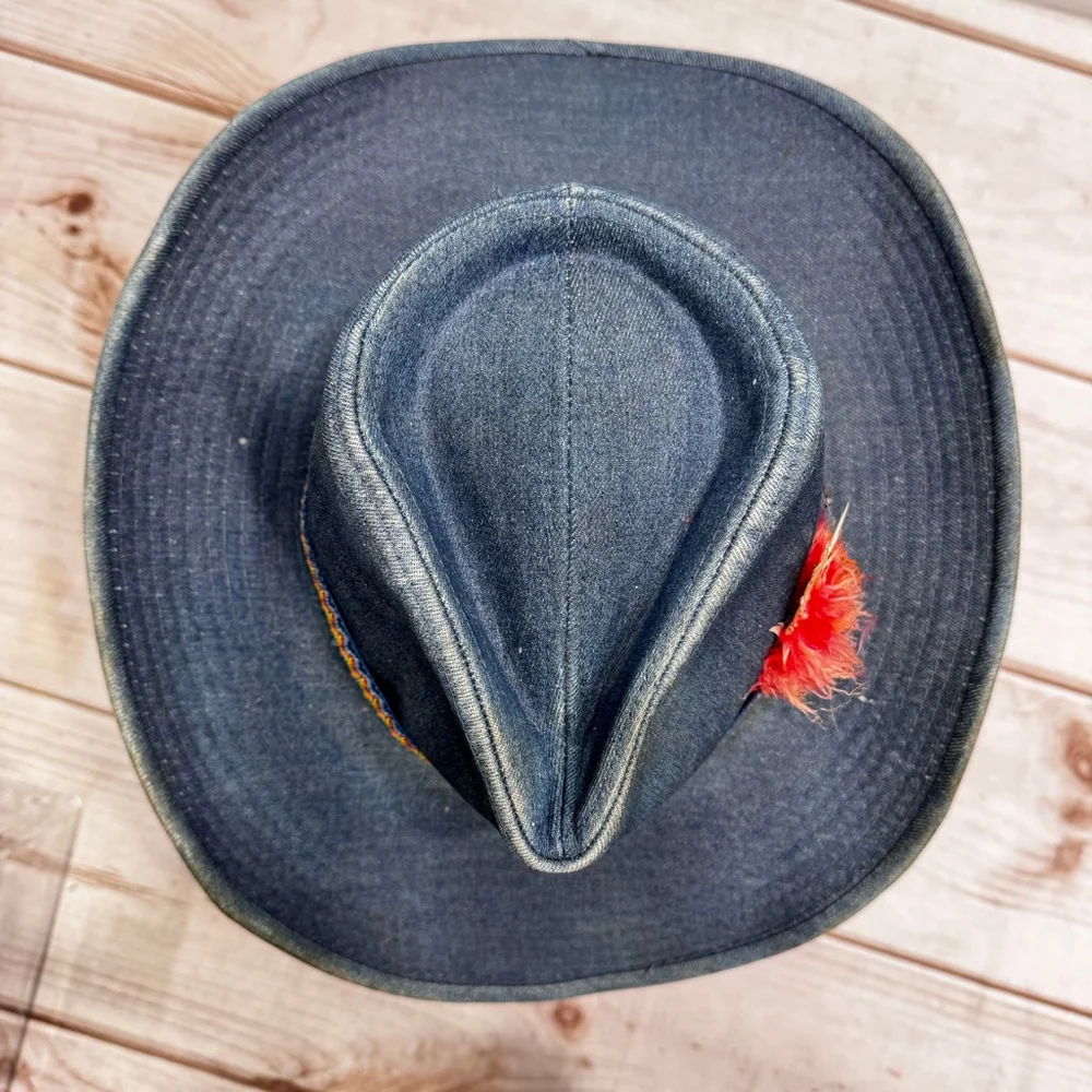 Vintage Denim Cowboy Hat By Canyon Trails Multicolor Ribbon & Feather 3” Brim - Picture 4 of 7